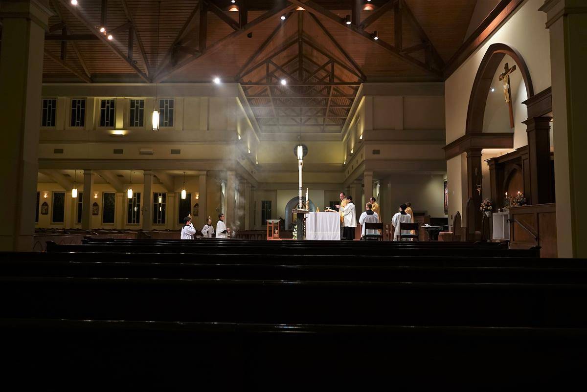 Churches across the Diocese of Charlotte, including St. Mark Church in Huntersville, were nearly empty for Easter this year, as public Masses have been canceled due to the COVID-19 pandemic. (Photo provided by Amy Burger)