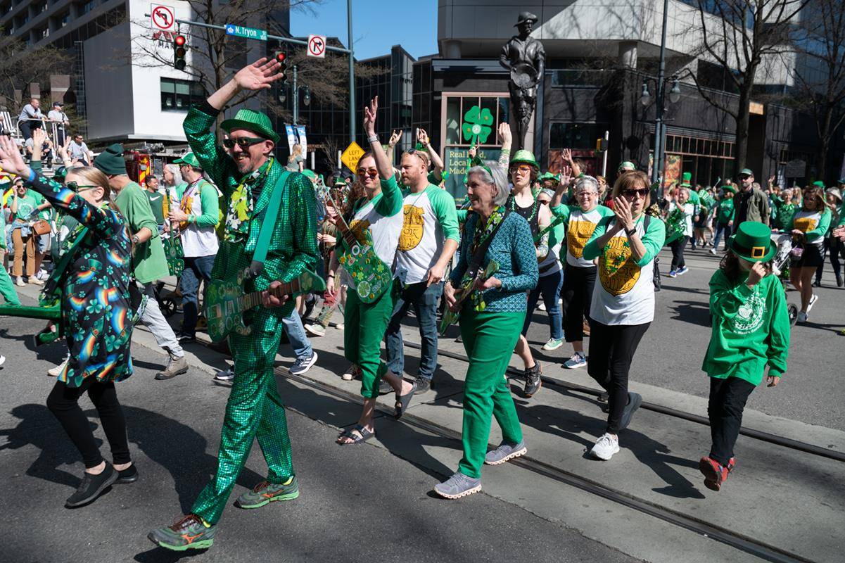 Students, staff and family of St. Patrick school march in the parade.
